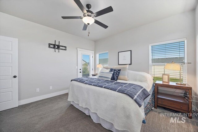 bedroom featuring dark colored carpet, ceiling fan, and multiple windows