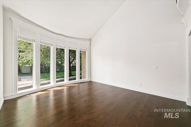 unfurnished room with dark hardwood / wood-style flooring, vaulted ceiling, and plenty of natural light