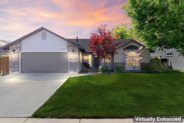 single story home with an attached garage, brick siding, and concrete driveway
