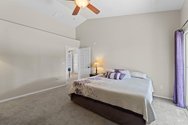 carpeted bedroom with baseboards, a ceiling fan, and high vaulted ceiling