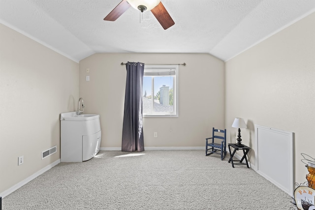 unfurnished room with lofted ceiling, carpet flooring, a ceiling fan, a sink, and a textured ceiling