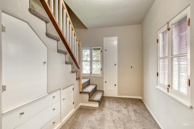 stairway featuring carpet and a textured ceiling