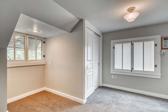 interior space featuring carpet flooring and a textured ceiling