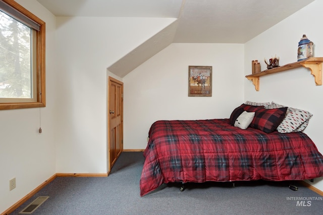 351 Estate Dr, Cascade, ID 83611 - carpeted bedroom with visible vents, vaulted ceiling, and baseboards
