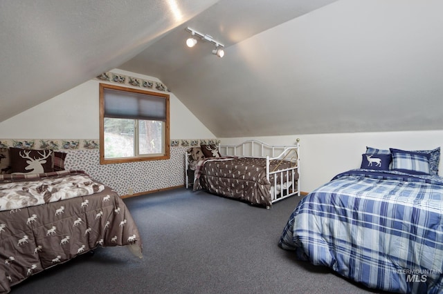 351 Estate Dr, Cascade, ID 83611 - bedroom featuring rail lighting, wallpapered walls, vaulted ceiling, and carpet floors