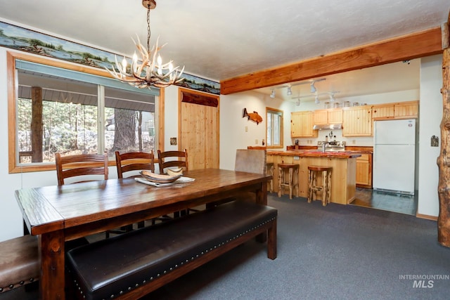 351 Estate Dr, Cascade, ID 83611 - dining area with a chandelier, dark colored carpet, and track lighting