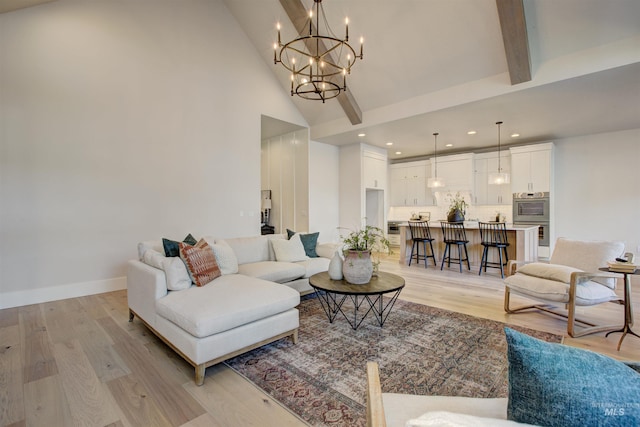 4219 W Thornapple Dr, Meridian, ID 83646 - living room with high vaulted ceiling, a chandelier, light wood finished floors, recessed lighting, and beam ceiling