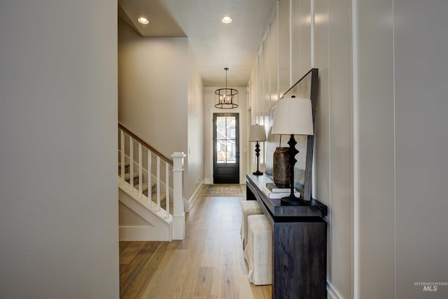 4219 W Thornapple Dr, Meridian, ID 83646 - entrance foyer with light wood-style floors, stairway, recessed lighting, a chandelier, and baseboards