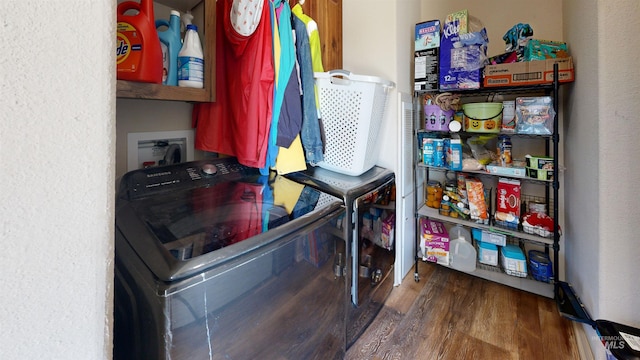 clothes washing area featuring wood finished floors, laundry area, and washer and clothes dryer