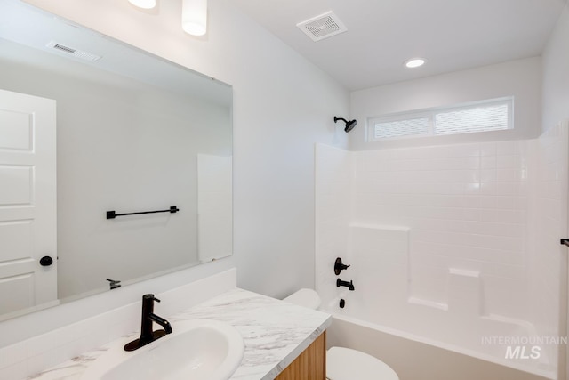 full bath featuring toilet, shower / bathtub combination, vanity, and visible vents