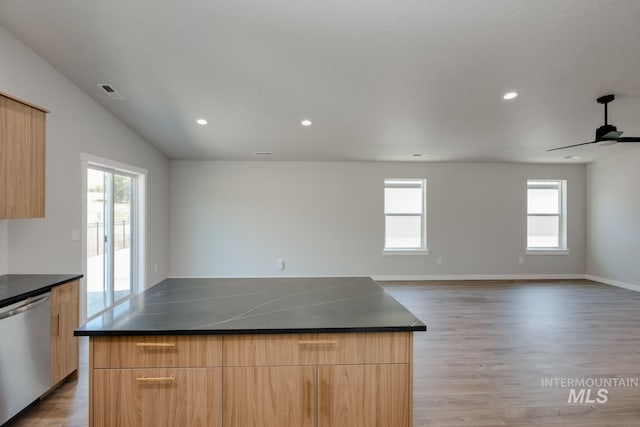 kitchen with light brown cabinets, dishwasher, a wealth of natural light, modern cabinets, and dark countertops