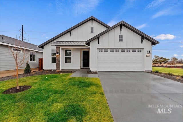 modern farmhouse style home with a garage and a front lawn