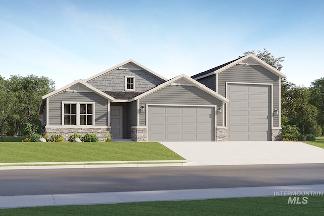 5592 E Bridal Veil Falls Dr, Nampa, ID 83686 - craftsman-style home with a garage, stone siding, concrete driveway, and a front lawn
