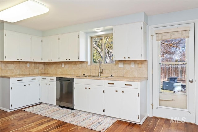 kitchen with a sink, backsplash, stainless steel dishwasher, wood finished floors, and light countertops