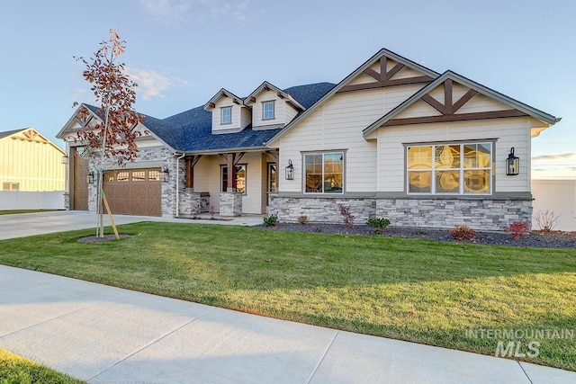 view of front of home with a garage, stone siding, concrete driveway, and a front lawn