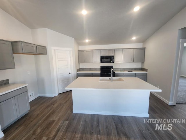 kitchen with black appliances, gray cabinets, sink, and a kitchen island with sink