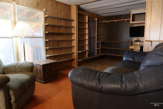 living room with carpet and wood walls