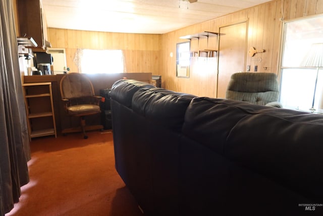 living room featuring carpet and wooden walls