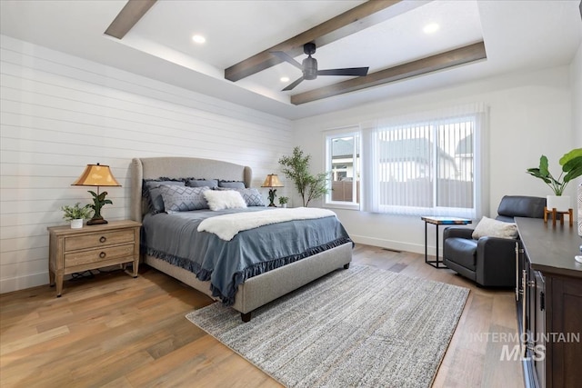 bedroom with recessed lighting, a ceiling fan, baseboards, light wood finished floors, and beamed ceiling