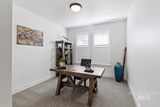 carpeted office space featuring a textured ceiling and baseboards