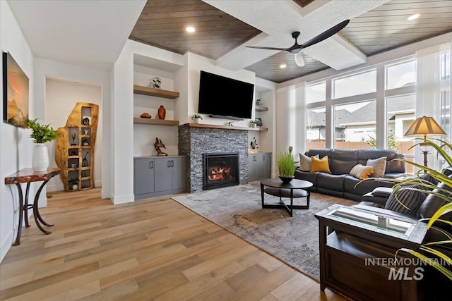 living room featuring built in features, a fireplace, wood ceiling, light wood-type flooring, and beamed ceiling