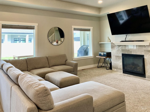 1983 Prospector Way, Twin Falls, ID 83301 - carpeted living room featuring baseboards and a tile fireplace