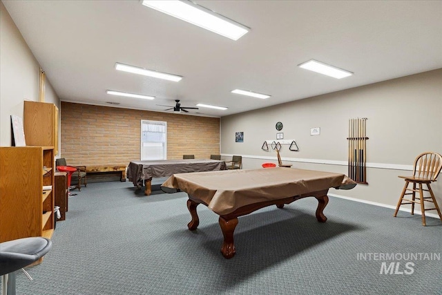 playroom with ceiling fan, pool table, brick wall, and carpet flooring