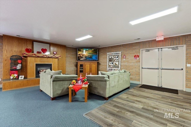 living room with wooden walls