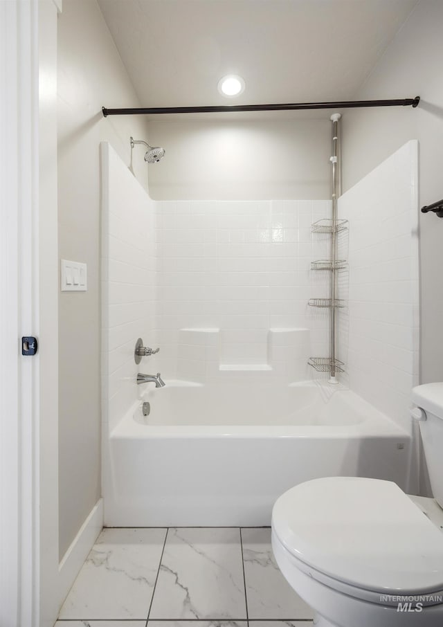 full bath with baseboards, toilet, recessed lighting, bathing tub / shower combination, and marble finish floor