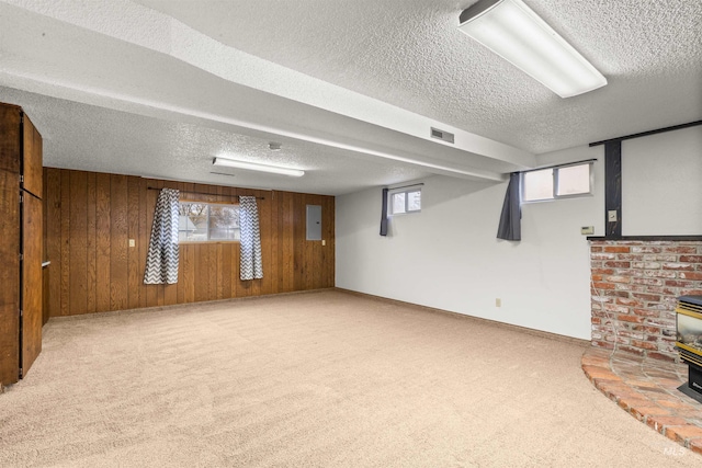 basement featuring carpet, a textured ceiling, a wood stove, and wood walls