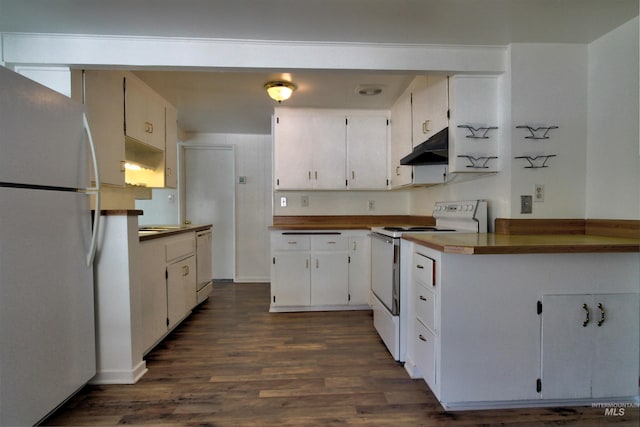 2912 S Harmony Ave, Boise, ID 83706 - kitchen with white appliances, under cabinet range hood, white cabinets, and dark wood-style floors