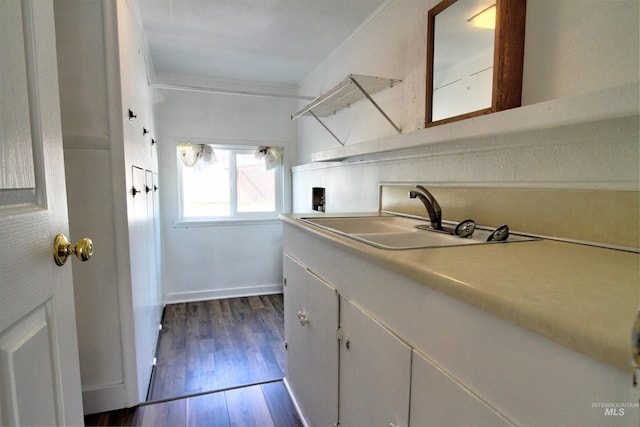 2912 S Harmony Ave, Boise, ID 83706 - laundry room featuring a sink, dark wood-style floors, crown molding, and baseboards