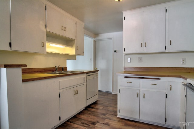 2912 S Harmony Ave, Boise, ID 83706 - kitchen with white dishwasher, a sink, dark wood finished floors, stove, and white cabinets