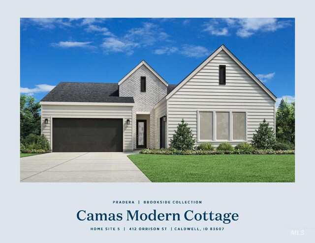view of front facade with driveway, a front lawn, and a garage