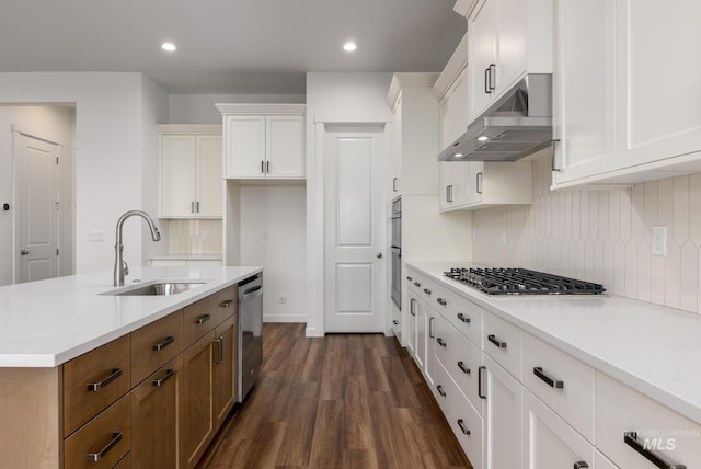 kitchen featuring dark wood-style floors, white cabinetry, under cabinet range hood, a sink, and appliances with stainless steel finishes