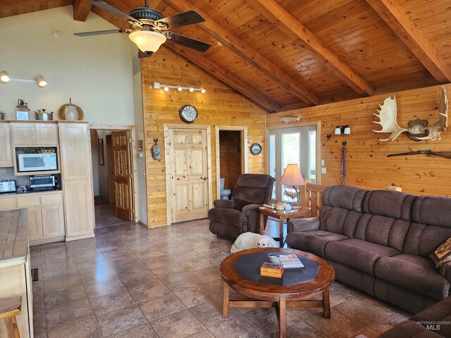 living room featuring wood walls, wood ceiling, and beam ceiling