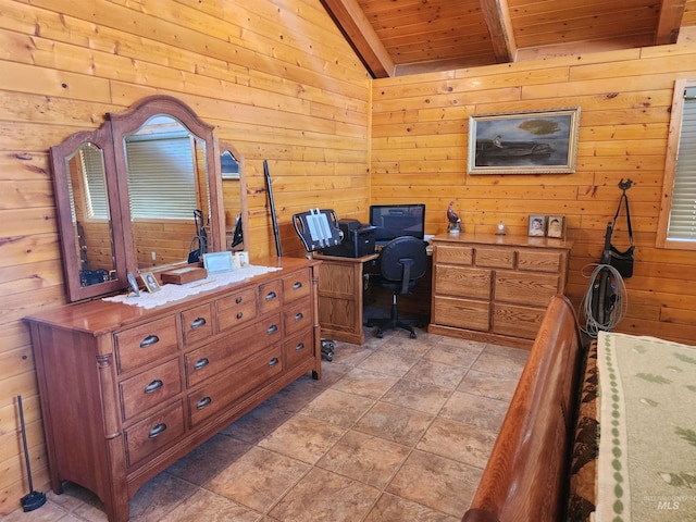 office with wood walls, lofted ceiling with beams, and wood ceiling