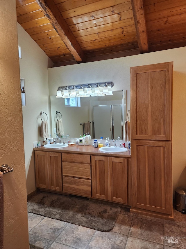 bathroom with double vanity, wooden ceiling, and a sink