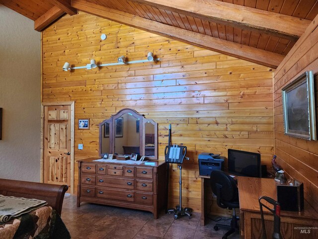 bedroom with wood walls, high vaulted ceiling, beam ceiling, and wooden ceiling