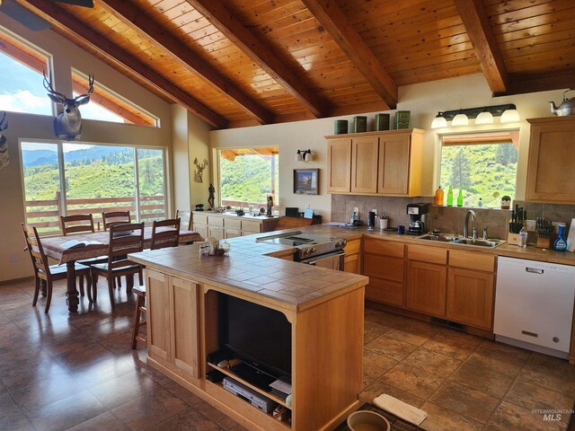 kitchen featuring white dishwasher, a sink, tile counters, decorative backsplash, and wooden ceiling