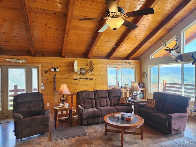 living room featuring wooden walls, wooden ceiling, beam ceiling, and plenty of natural light