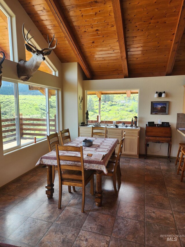 dining area featuring vaulted ceiling with beams, wooden ceiling, and a wealth of natural light