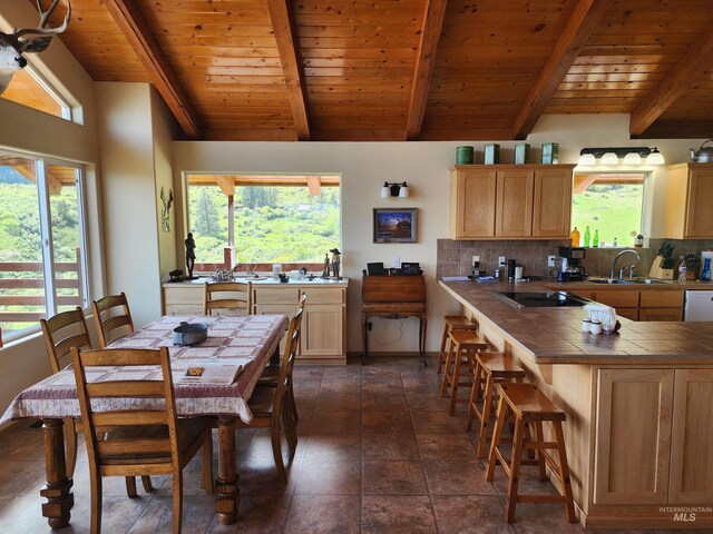 dining space featuring a healthy amount of sunlight and wood ceiling