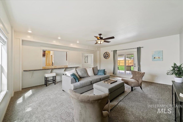 9874 W Whirlaway Ct, Boise, ID 83704 - living room featuring carpet flooring, a ceiling fan, recessed lighting, and baseboards