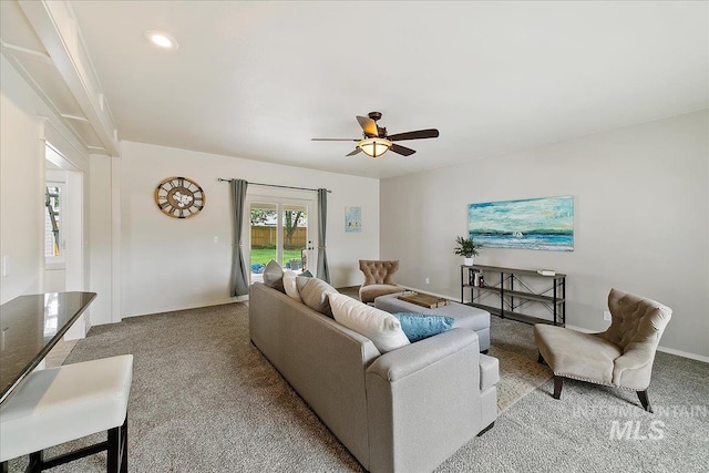 9874 W Whirlaway Ct, Boise, ID 83704 - living room featuring carpet floors, ceiling fan, baseboards, and recessed lighting