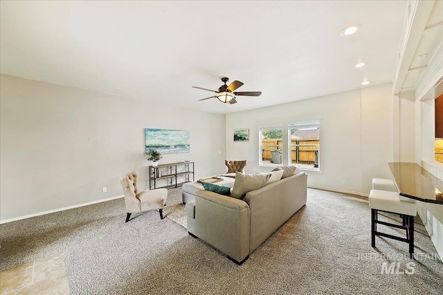 9874 W Whirlaway Ct, Boise, ID 83704 - living room featuring a ceiling fan, carpet floors, recessed lighting, and baseboards
