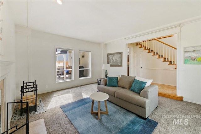 9874 W Whirlaway Ct, Boise, ID 83704 - living room with stairs, carpet, and baseboards