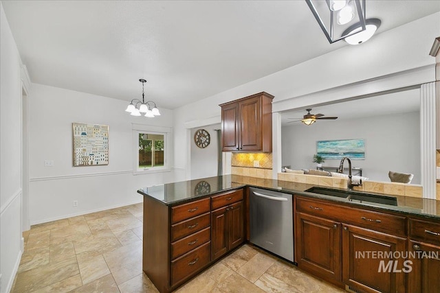 9874 W Whirlaway Ct, Boise, ID 83704 - kitchen with dishwasher, a sink, ceiling fan, a chandelier, and a peninsula