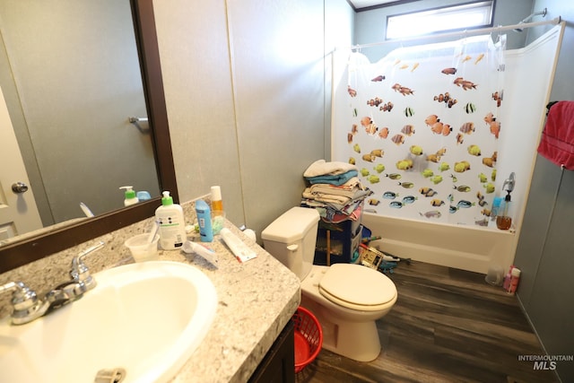 full bath featuring vanity, toilet, shower / tub combo with curtain, and wood finished floors
