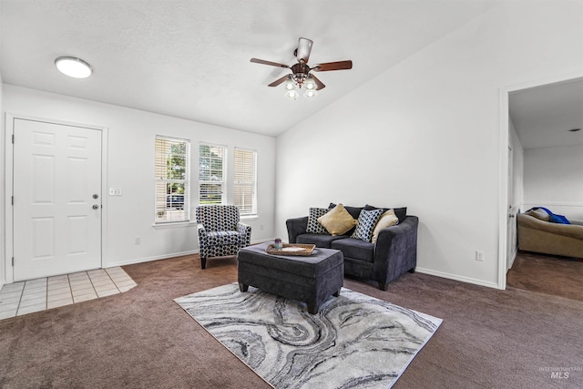 7842 Arlington Dr, Nampa, ID 83687 - carpeted living area with ceiling fan, vaulted ceiling, and baseboards